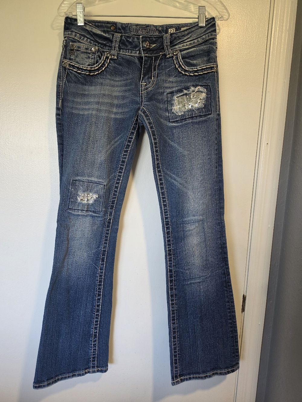 Miss Me JE5440BR Boot Patchwork Sequin Flap Pocket Bling Jeans Sz 27
